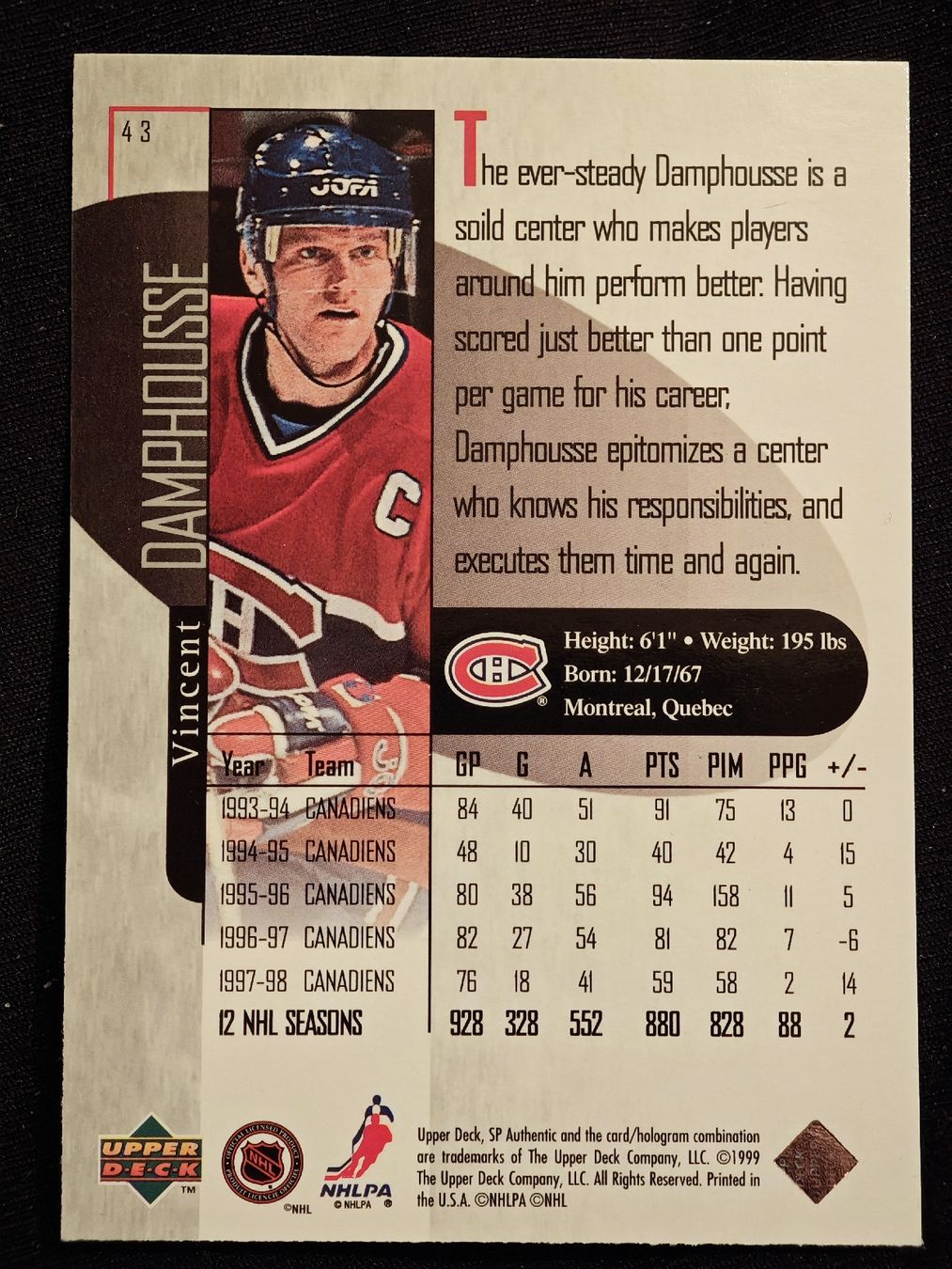 NHL Carte collezionabili: Vincent Damphousse 1998-99 SP Authentic #43 NHL – Usato da Dübendorf venduto da KB85_STORE 1