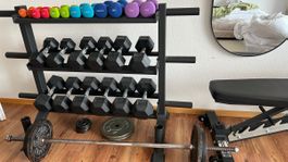 Hantel-Set komplett mit Rack Langhantel & Hex-Kurzhanteln