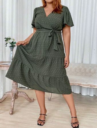 Maxikleid mit Gürtel oliv Gr. 56 / 58 / 60