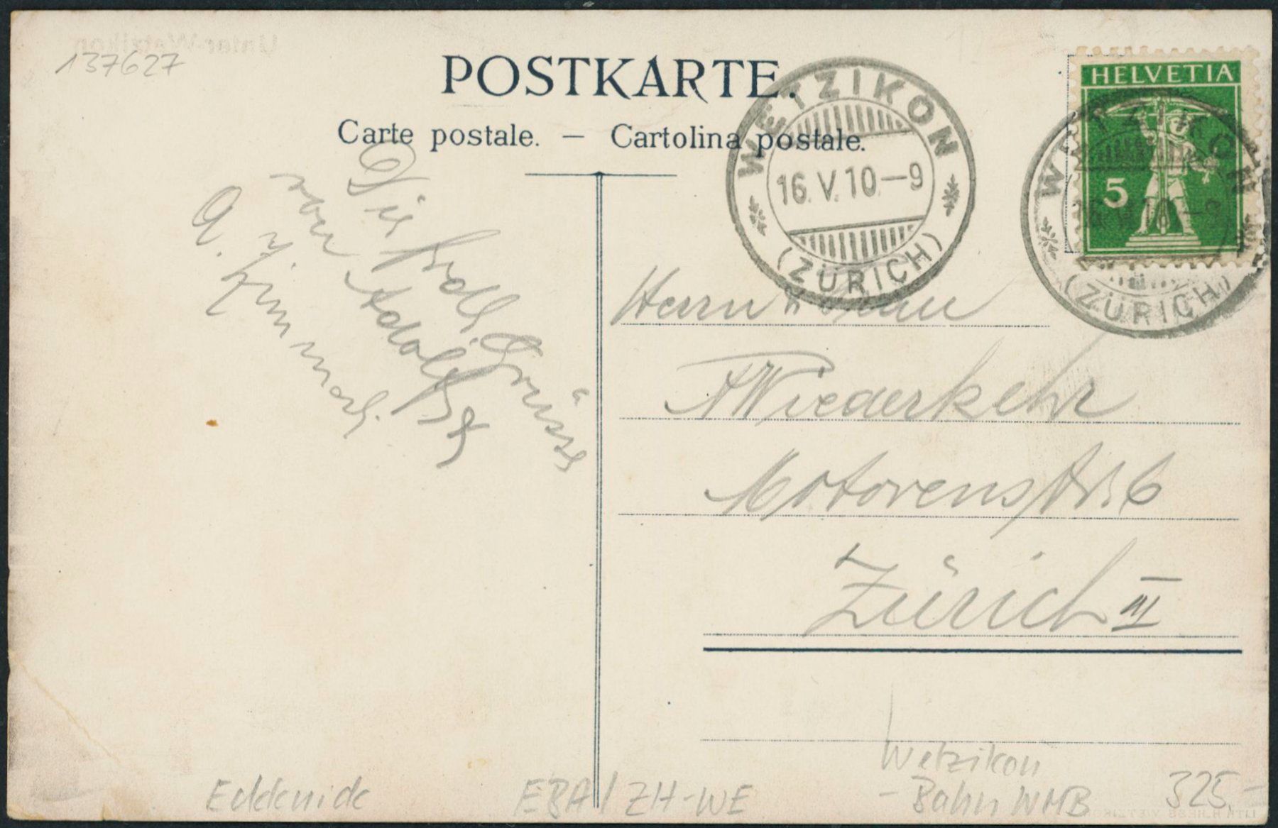 Cartoline postali: ZH Wetzikon - Bahn WMB - Tram – Usato da Schindellegi venduto da leecollect 1