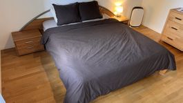 Bed double wooden with headboard and new mattress
