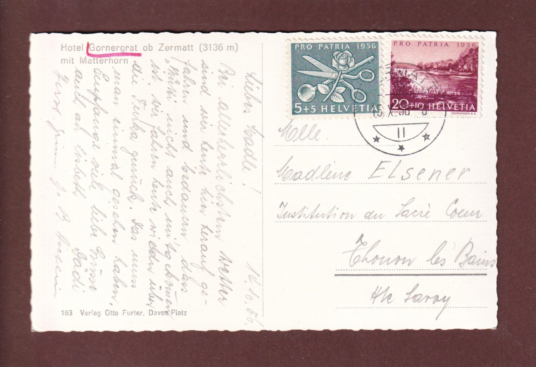 Cartoline postali: GORNERGRAT - Hotel - Matterhorn - 1956 – Usato da Pully venduto da nicecards 1