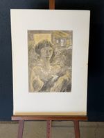 Dessin original au fusain portrait femmes signé RUOF