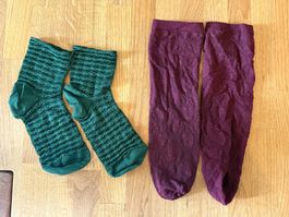 2 Paar Damen Socken, Weinrot und Tannengrün, One Size