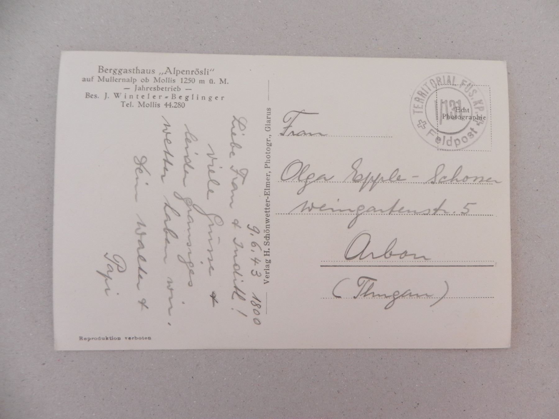 Cartoline postali: Ansichtskarte Mollis Berghaus Alpenrösli – Usato da Siebnen venduto da krimsie 1