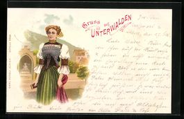Litho Unterwalden, Frau in Schweizer Tra