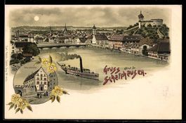 Lithographie Schaffhausen, Ortsansicht mit Brücke und Festun