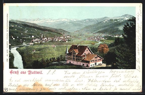 Cartoline postali: AK Wattwil, Teilansicht mit Hotel, 1900 – Usato da Berlin venduto da bartko-reher