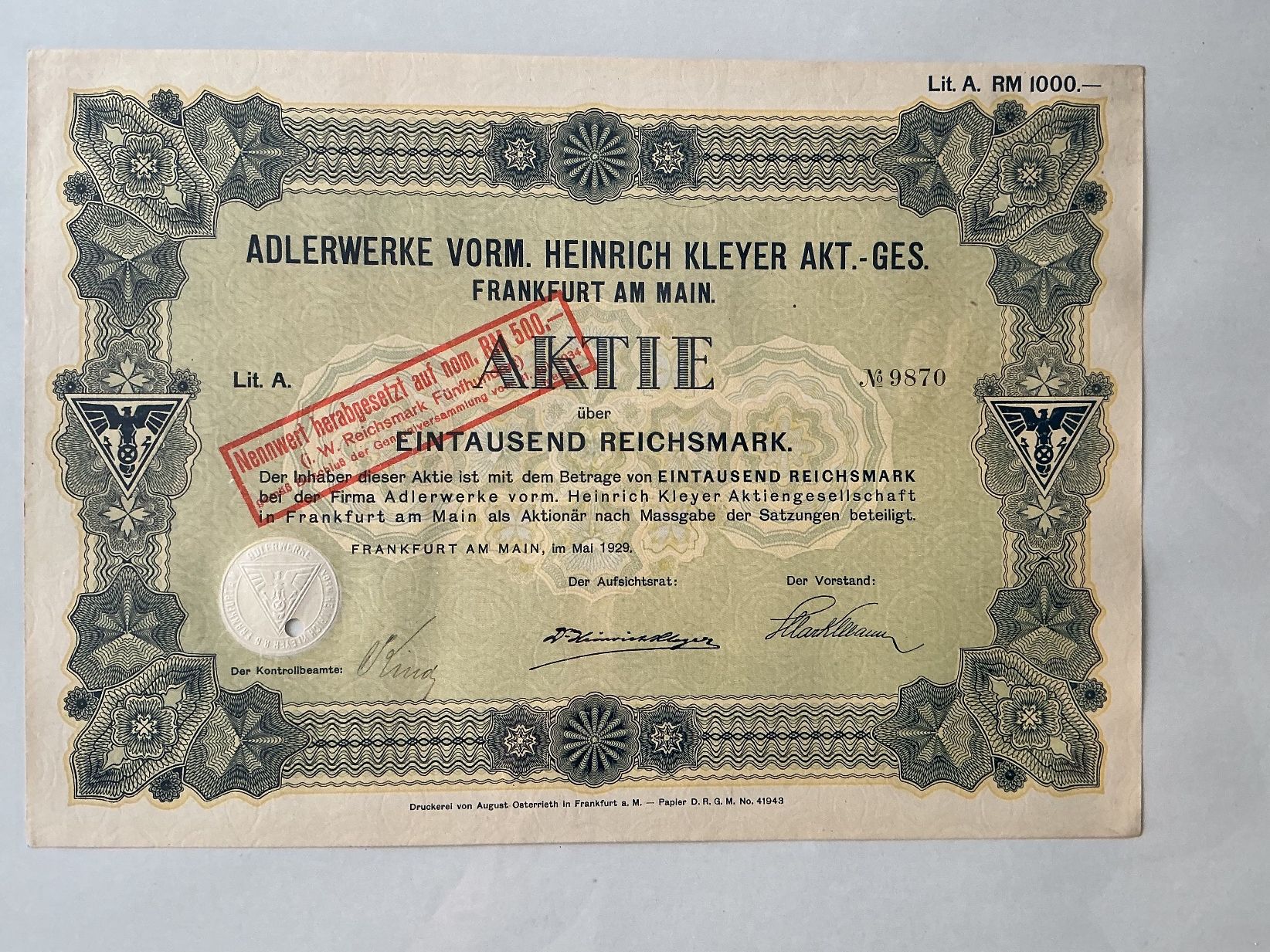 Documenti: Adlerwerke Aktien 1929 – Usato da Horw venduto da adler65 1