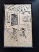 Antike Zeichnung, Interieur mit Tisch, gerahmt, signiert