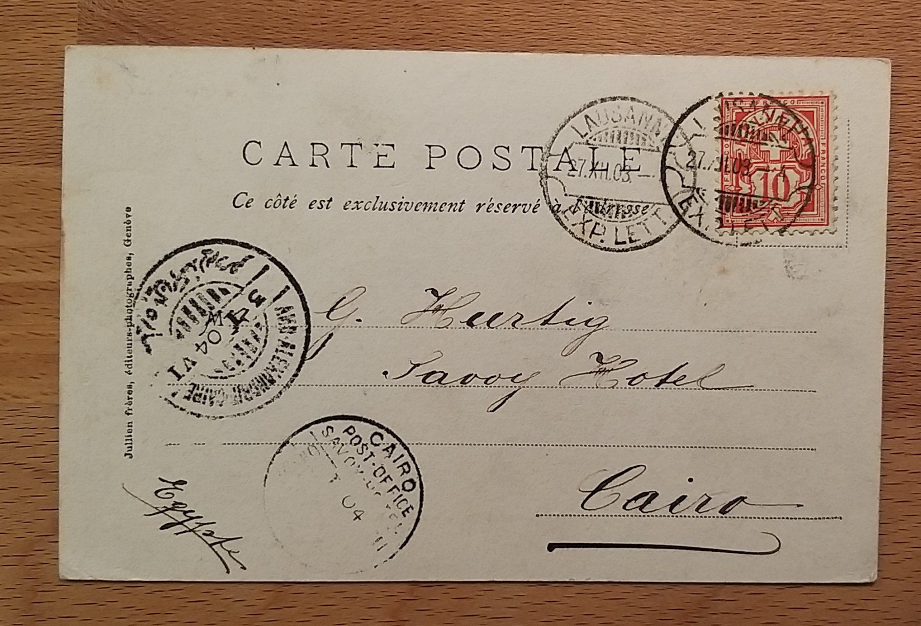 Cartoline postali: Carte Postale Lausanne - Cairo 1903 – Usato da Unterägeri venduto da PhilatelieStudiger