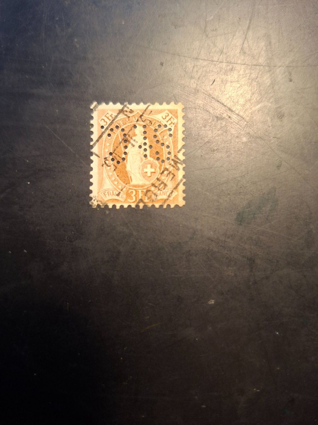 Alle Briefmarken: Stehende Helvetia, 3 Fr., 72 A, Perfin – Gebraucht aus Herzogenbuchsee von Herkules9