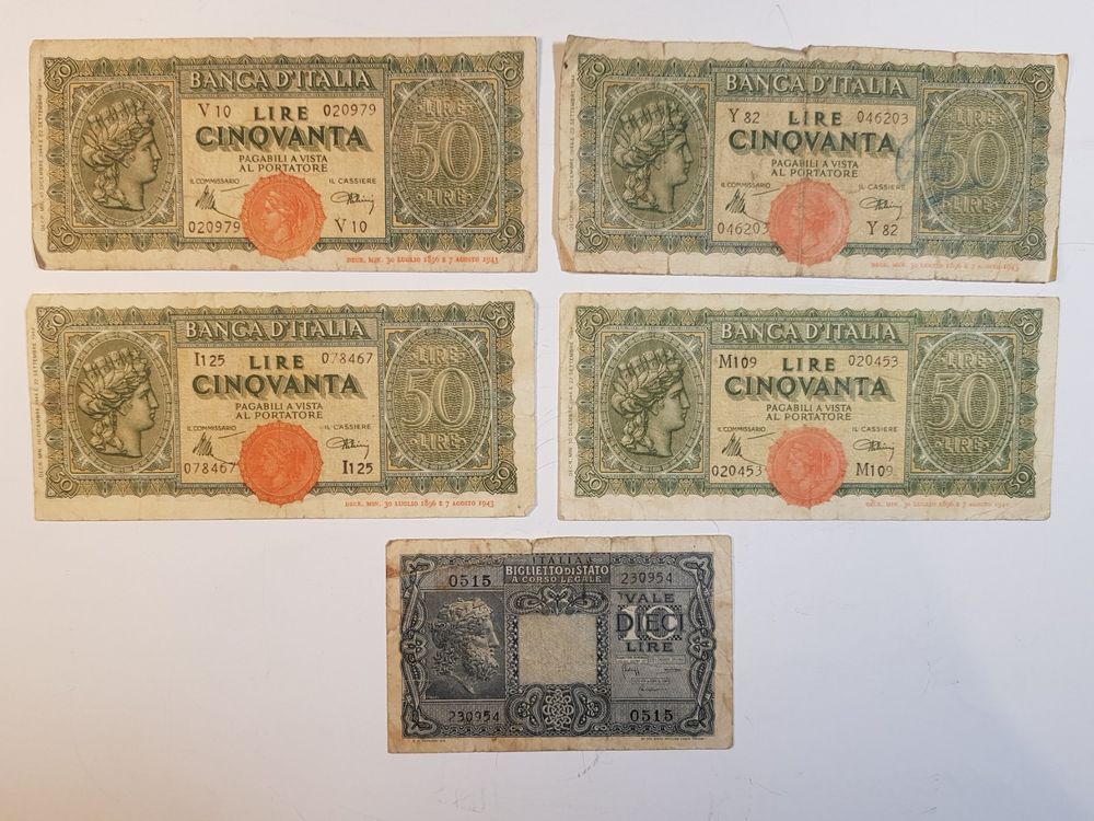 Banknoten Italien, 4 mal 50 Lire 1943 und 1 mal 10 Lire 1944 (Gebraucht ...