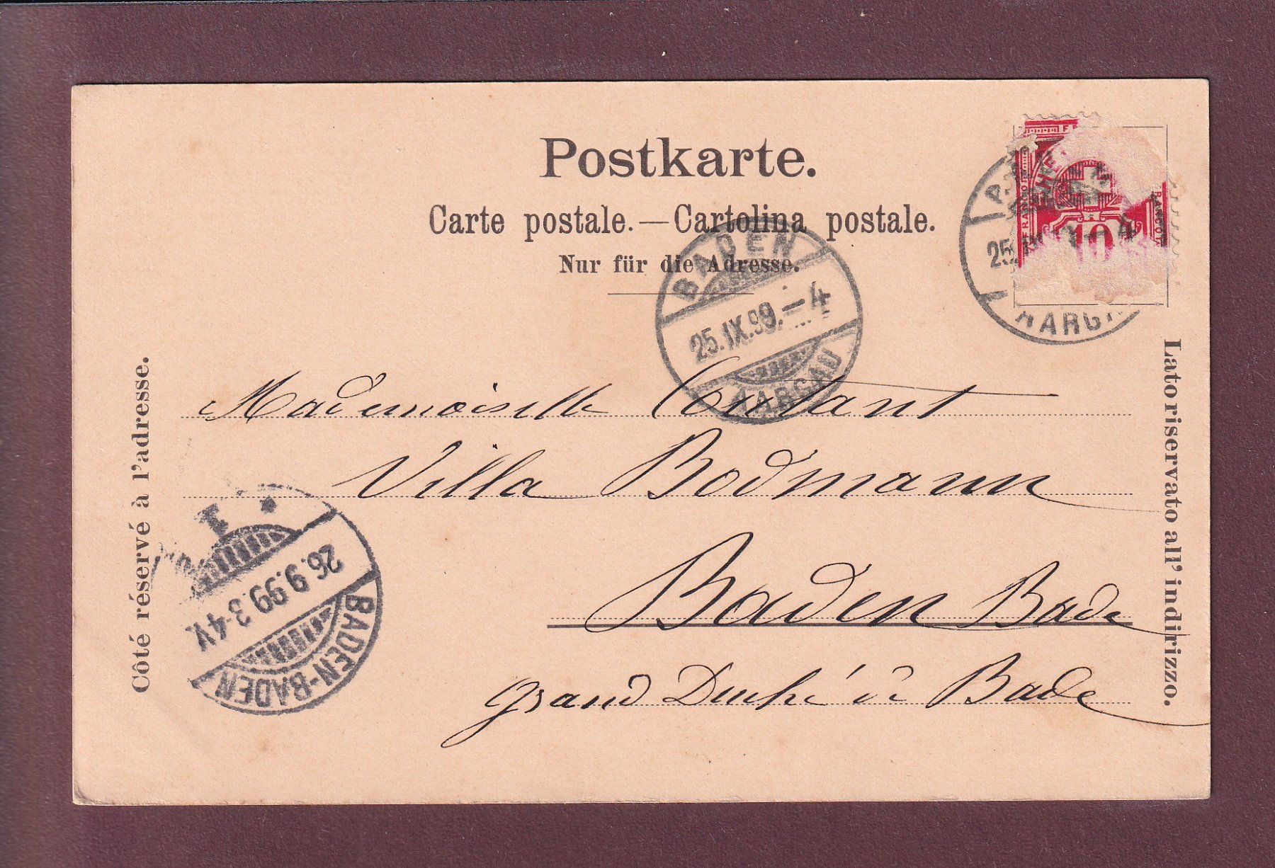 Ansichtskarten: Gruss aus BADEN - 1899 – Gebraucht aus Pully von nicecards 1