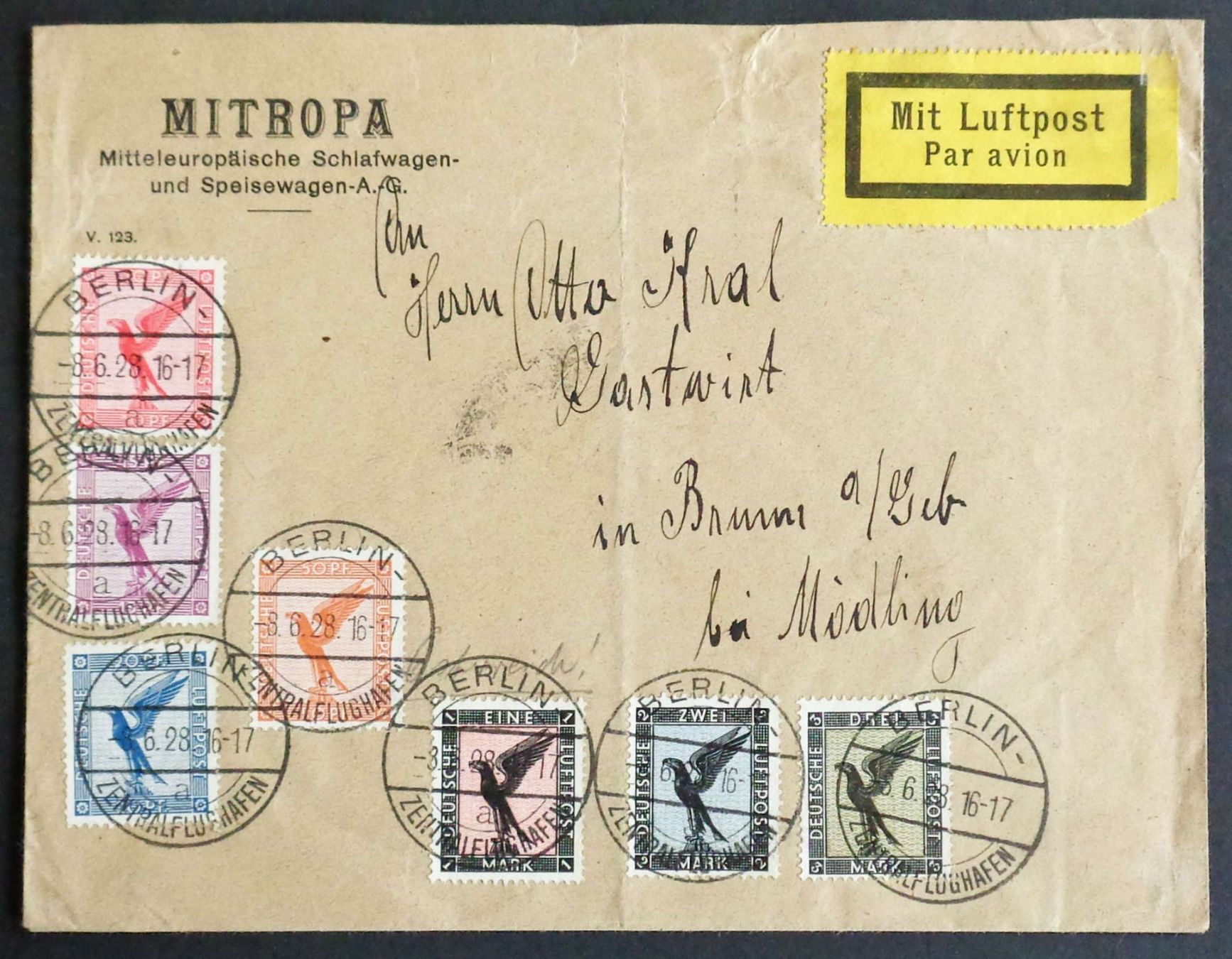 Alle Briefmarken: 1928: Luftpostbrief BERLIN-BRUNN bei Mödling AT – Gebraucht aus Le Locle von timbrettino