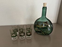 6er Set Schnapsgläser mit Karaffe handbemalt Fischmotive Rar