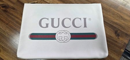 Gucci Ophidia White Leather Logo Pouch mit Webstreifen