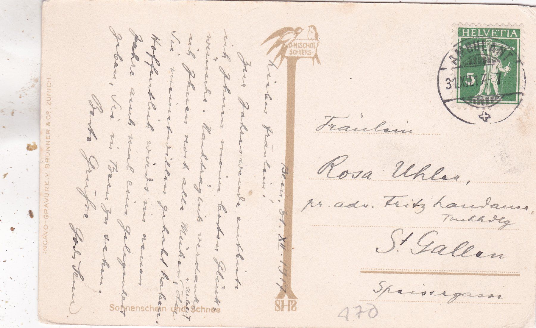 Ansichtskarten: Sonnenschein und Schnee  Heimat 1917 – Gebraucht aus Herisau von Lisegrat2008 1