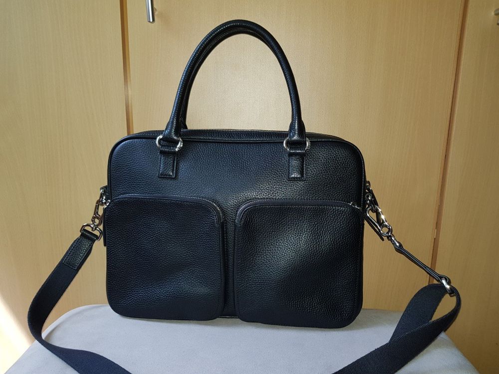 BOSS Laptoptasche Darkblue - Business Tasche Aus Rindsleder Mit Trolleyhalterung