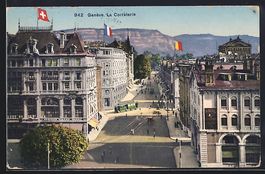 AK Genève, La Corraterie, Strassenbahn