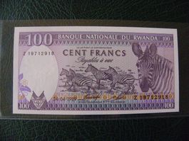 Ruanda 100 Francs Schein, Jahrgang 1989, Bankfrisch