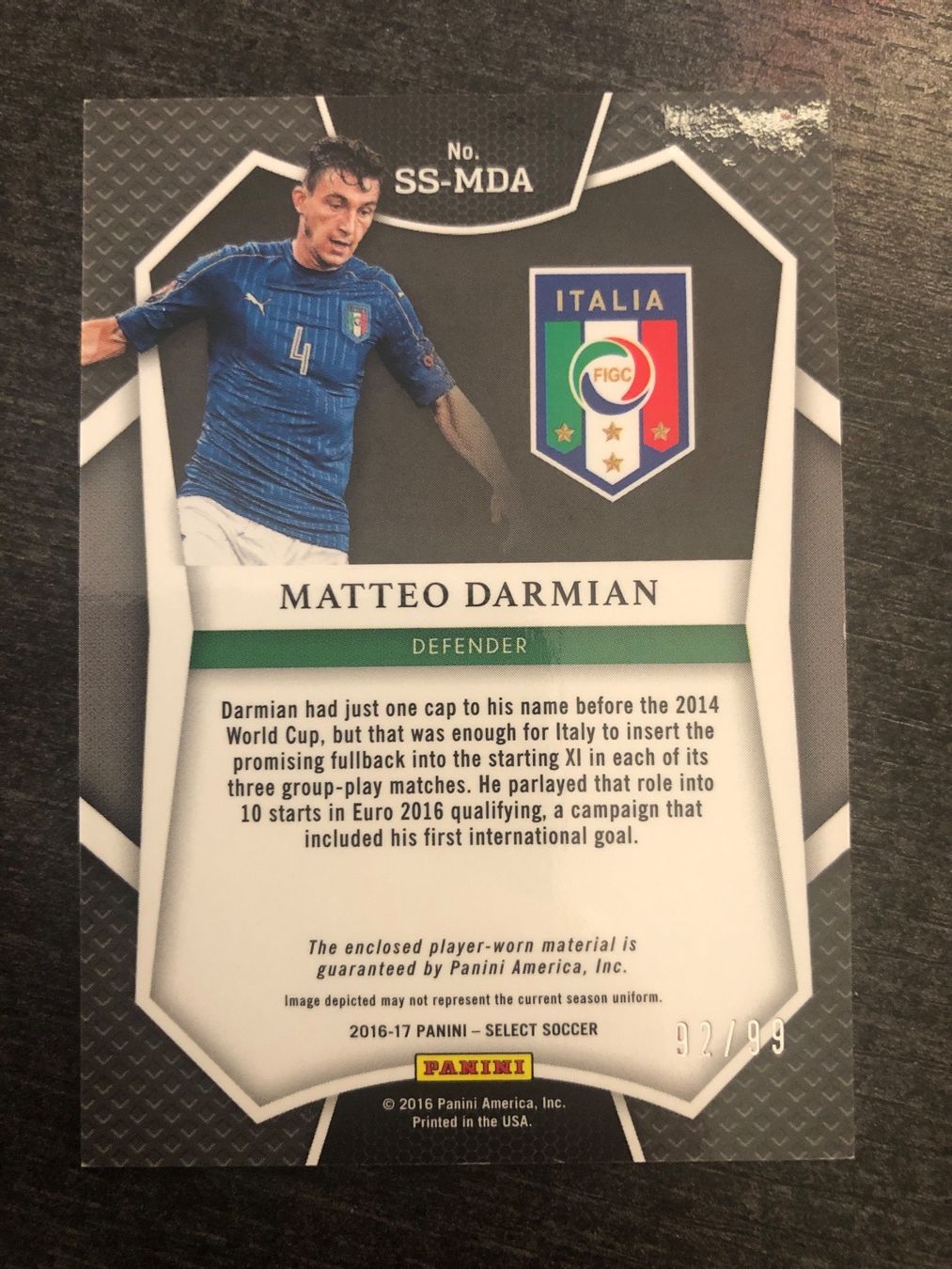 Topps Carte collezionabili: Panini Select Matteo Darmian Italien player-worn Patch 92/99 – Usato da Wangenried venduto da Garagara 1