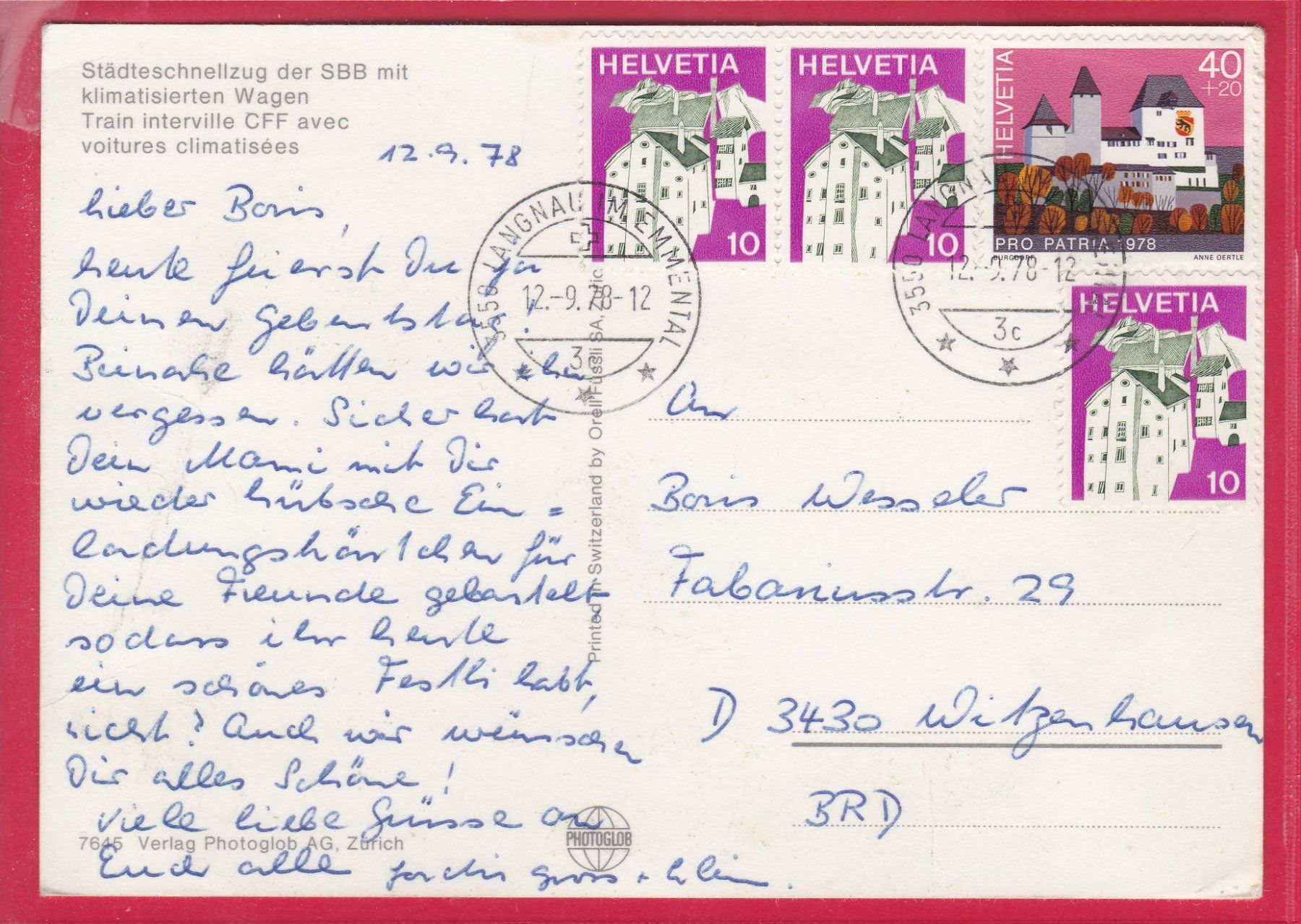 Cartoline postali: SWISS EXPRESS, STÄDTESCHNELLZUG DER SBB, 12.9.1978 – Usato da Oberrieden venduto da Gebirgsstelze 1