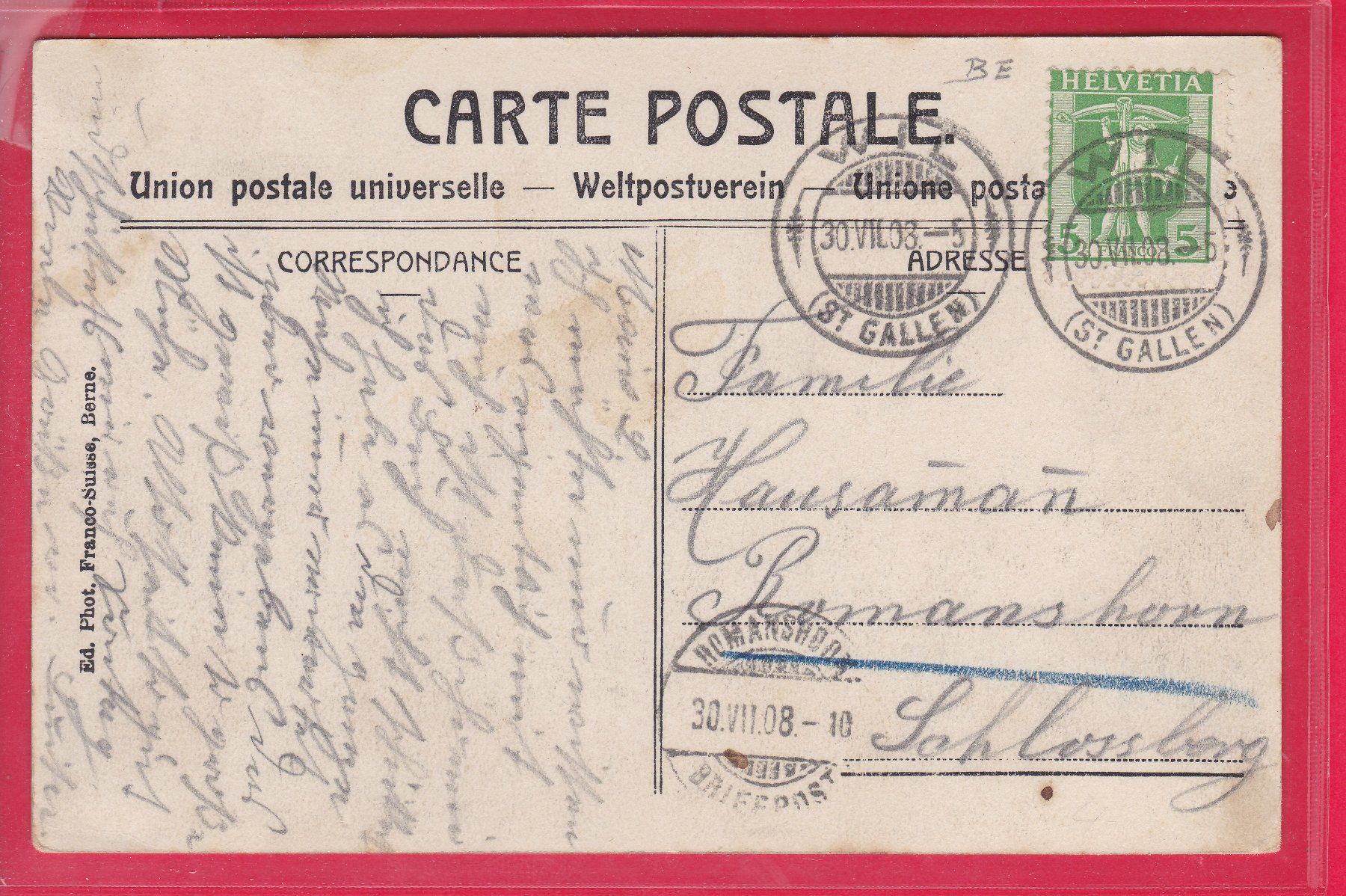 Cartoline postali: BURGDORF - TOTALANSICHT, 30.7.1908 – Usato da Oberrieden venduto da Gebirgsstelze 1