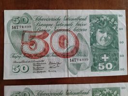 Drei 50 Franken Note Schweiz 1961, 1968 und 1969, gebraucht