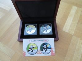 2 x 1Unzen Silber Münze 10 Yuan Panda Satz 2014 Night & Day
