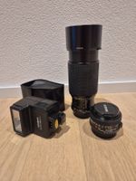 Minolta MD Set: 50mm f1.7 + 70-210mm f4 Ofenrohr + Blitz