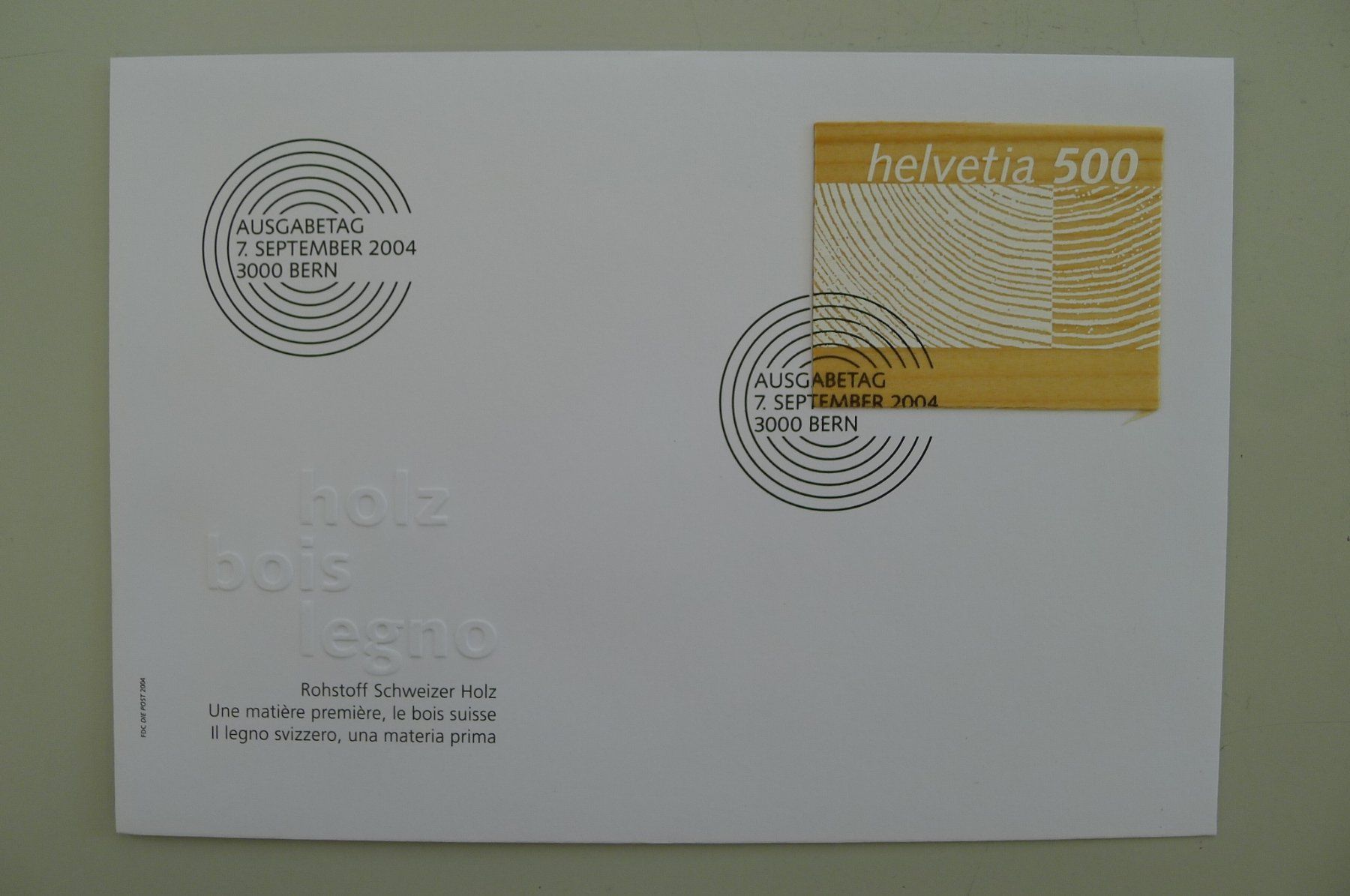 Alle Briefmarken: 2004, Nr.1133 4 Ersttags-Briefe HOLZBRIEFMARKEN. – Gebraucht aus Sursee von Luzernerraute 2