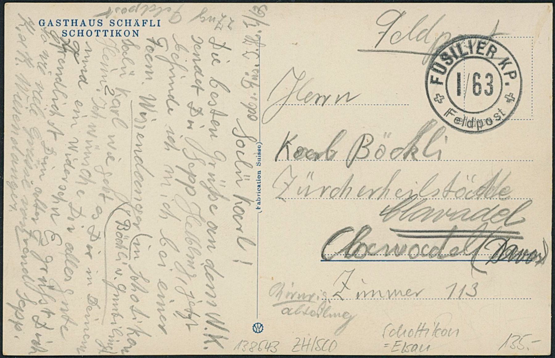 Cartoline postali: ZH Schottikon - Elsau - Militärstempel – Usato da Schindellegi venduto da masutka7 1