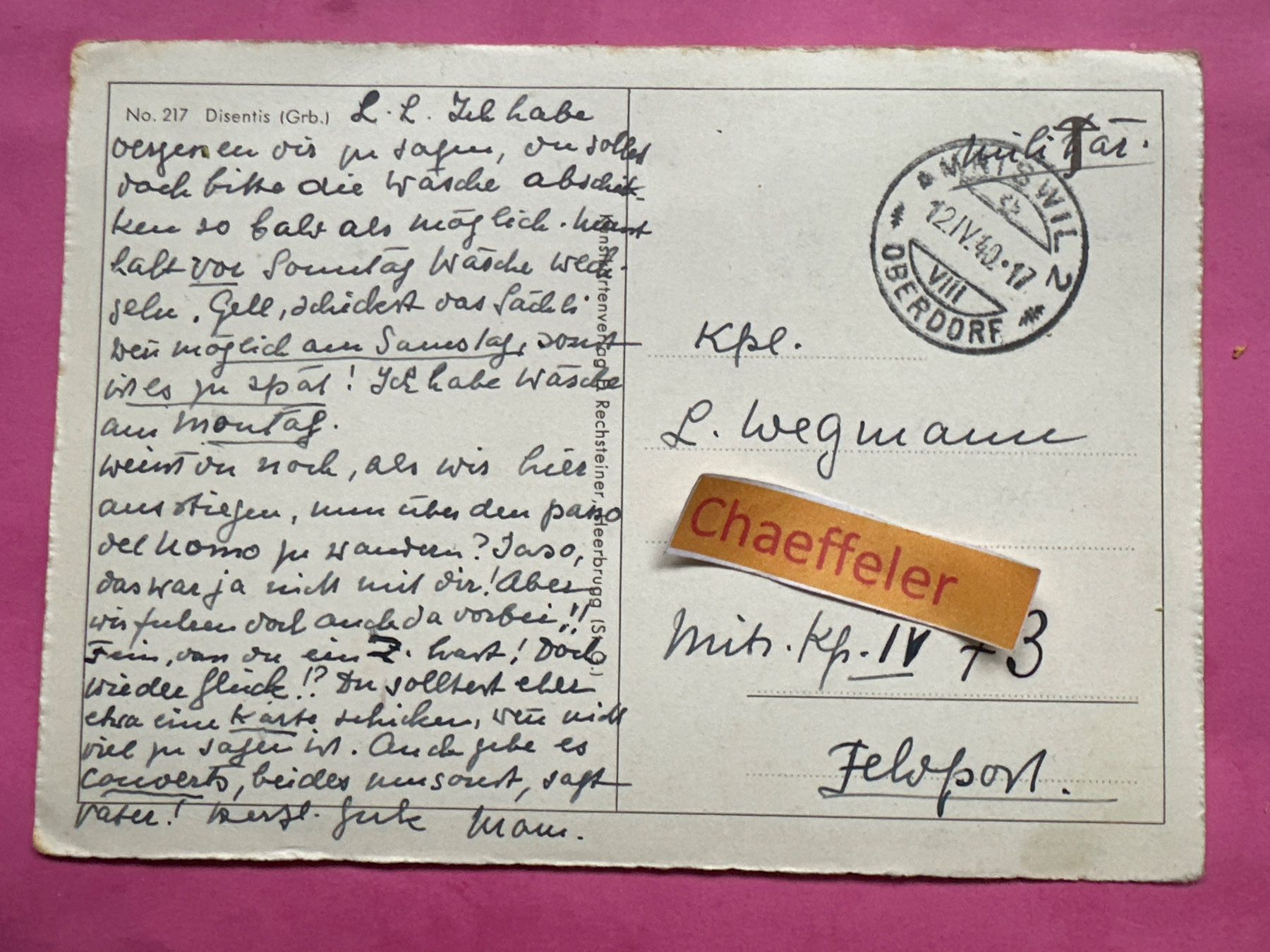 Cartoline postali: 1940 No. 217. Disentis – Usato da Zürich venduto da Chaeffeler 1