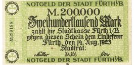 Fürth Bayern 200000 Mark 14.08.1923 KN Schwarz VZ+-VZ++