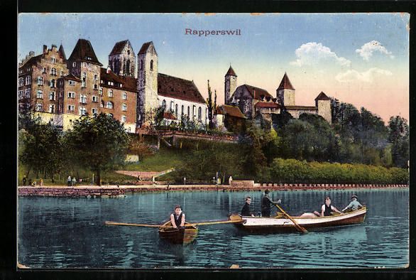 Cartoline postali: AK Rapperswil, Ortsansicht mit Ruderern – Usato da Berlin venduto da bartko-reher