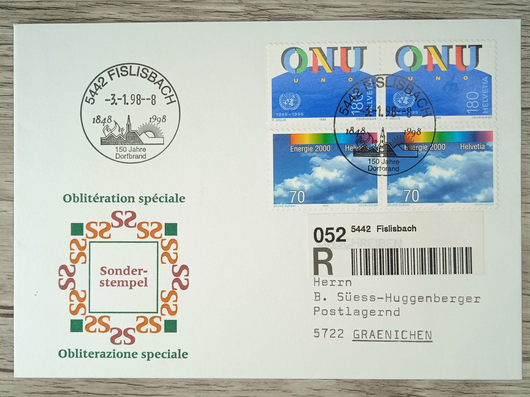 Tutti i francobolli: TR03 Enveloppe + Timbre Suisse 1998 – Usato da Cousset venduto da Patrick_Collections