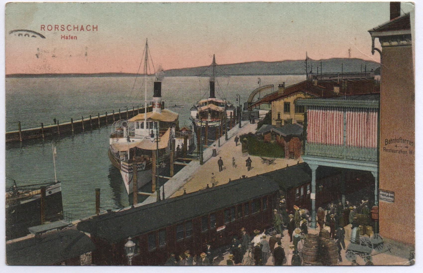 Cartoline postali: RORSCHACH Hafen - Dampfschiff - Bahnhof mit Bahn – Usato da Jona venduto da philajona