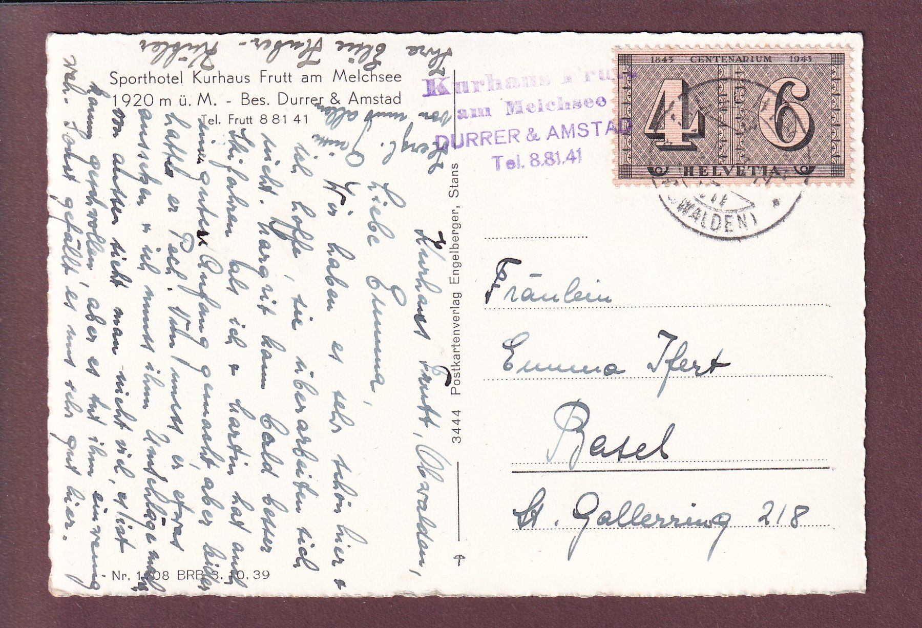 Cartoline postali: FRUTT am Melchsee - Titlis - 1945 – Usato da Pully venduto da nicecards 1