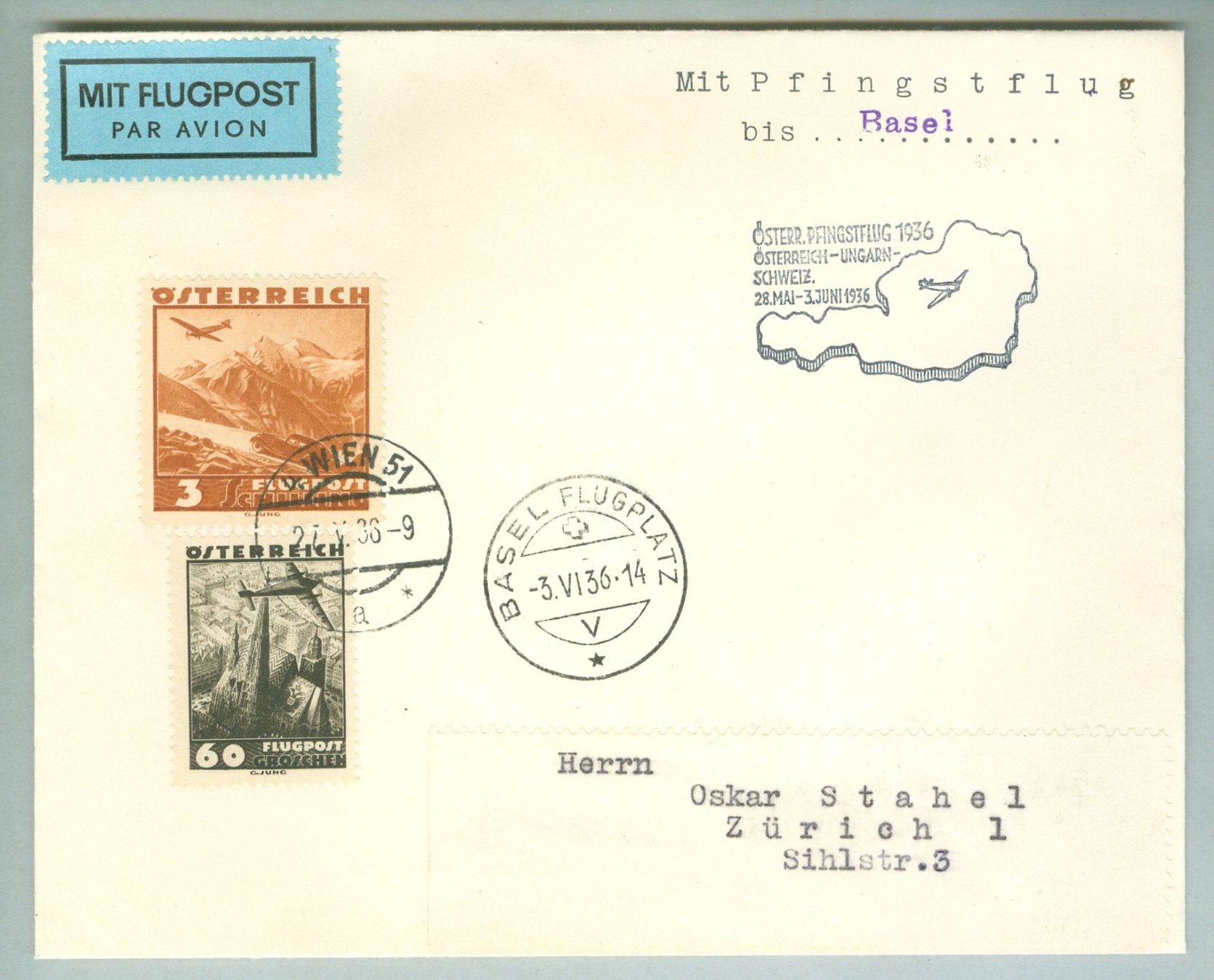 Tutti i francobolli: 1936 Österreich Flugpost SF – Usato da Zürich venduto da yago-rot