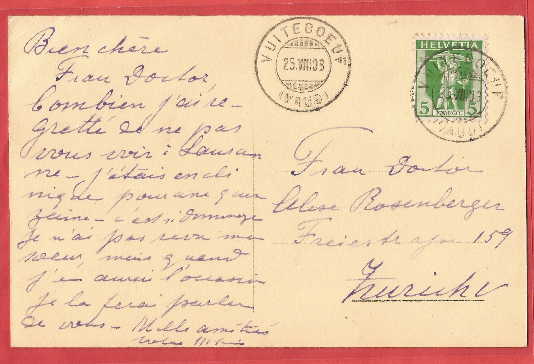 Cartes postales: Lausanne - Pensionat Steiner - 1908 – D'occasion à Fislisbach par Porano 1