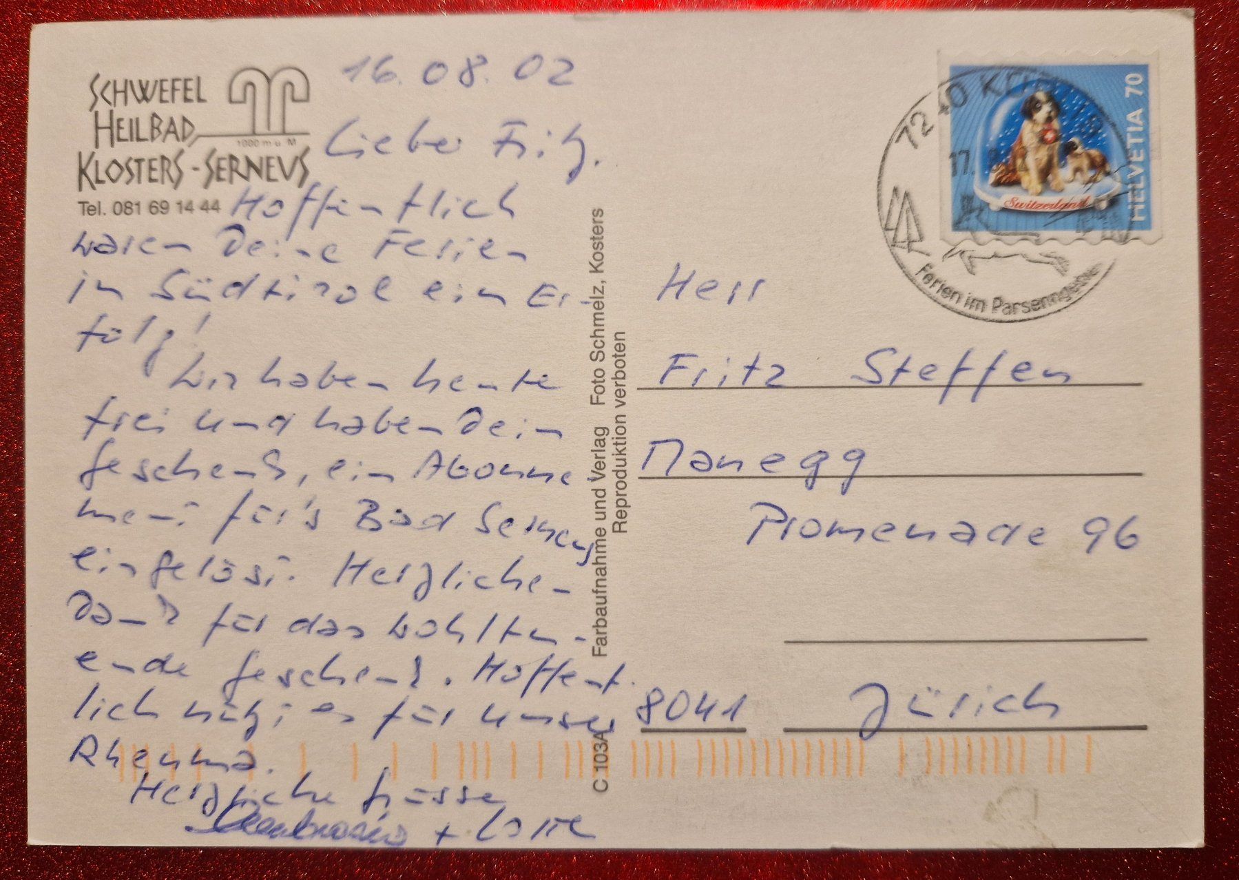 Cartoline postali: Bad Klosters-Serneus, Schwefel Heilbad 2002 – Usato da Melchnau venduto da Fishel 1