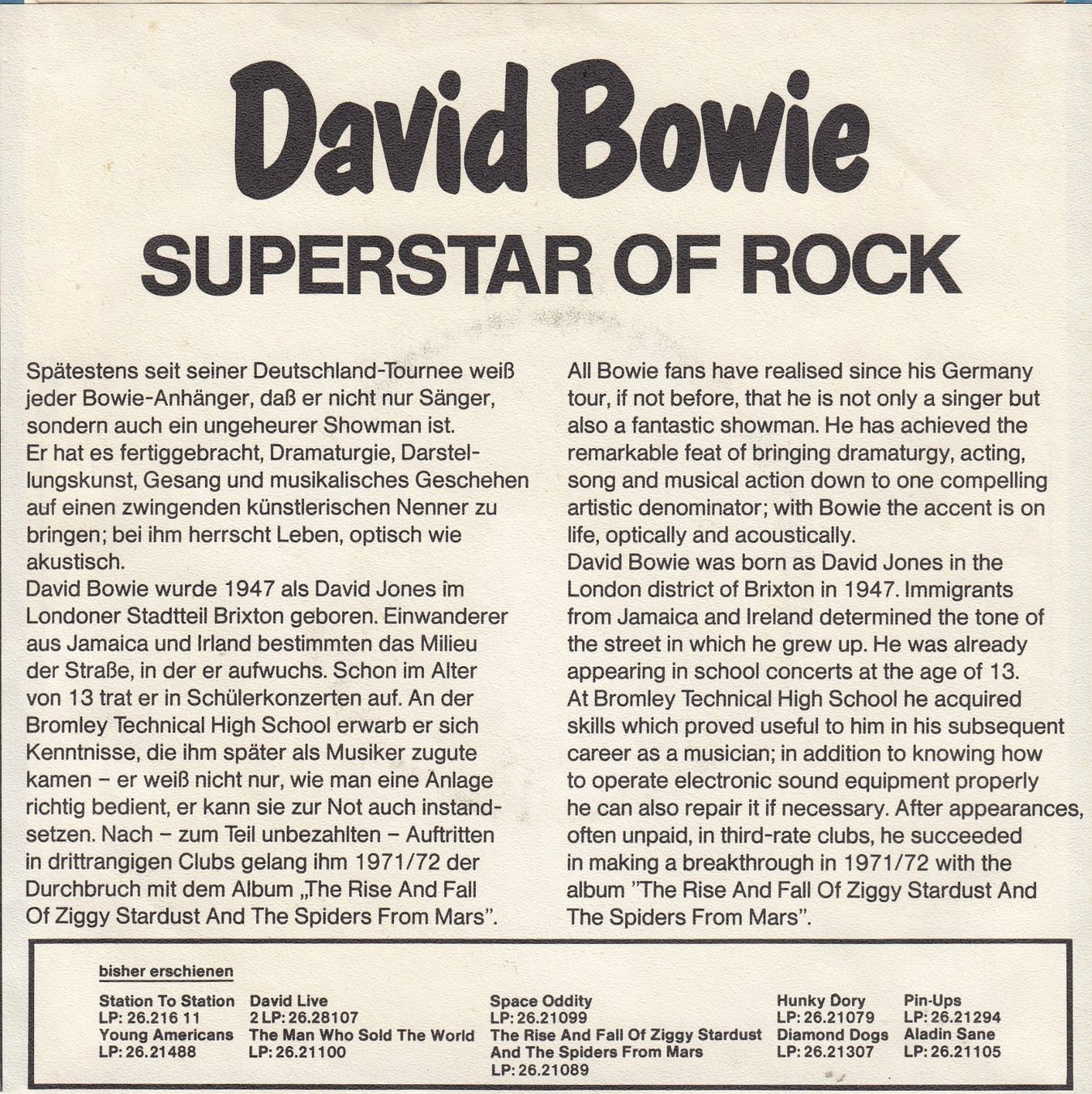Dischi in vinile: David Bowie Vinyl Single von 1976 – Usato da Volketswil venduto da Abcrecords 1
