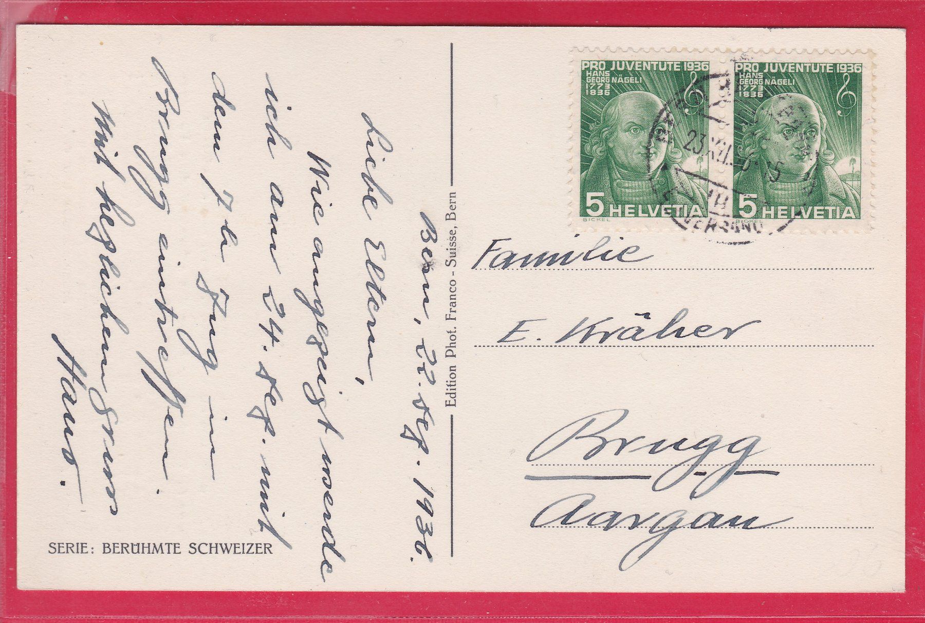 Cartoline postali: HANS GEORG NÄGELI, 23.12.1936 – Usato da Oberrieden venduto da Gebirgsstelze 1