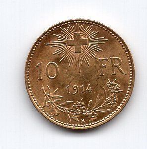 Tutti le monete: (2145) CH, 10 Franken, 1914, top stgl – Usato da Rüthi (Rheintal) venduto da erdnuessli1