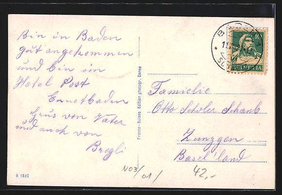 Ansichtskarten: Ennetbaden, Badstrasse mit Hotel Post un – Gebraucht aus Berlin von bartko-reher 1