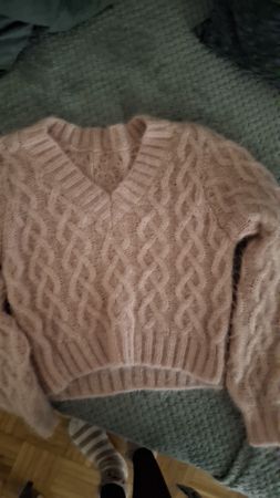 Damen Pullover rosa Zopfmuster V-Ausschnitt Grösse S