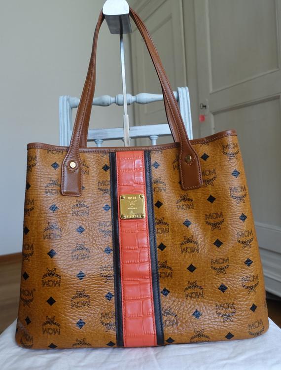 MCM Visetos Rudic Canvas Shopper Tote Bag Cognac Orange