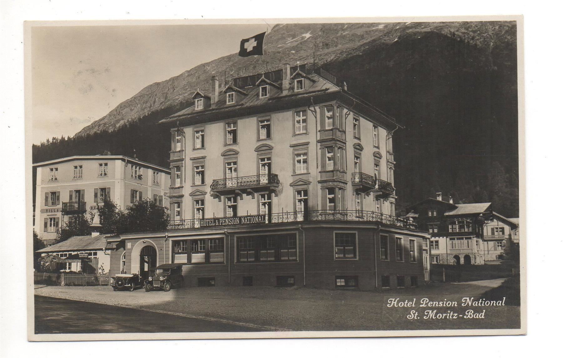 Cartoline postali: ST. MORITZ-BAD Hotel Pension National - Oldtimer, Auto – Usato da Jona venduto da philajona