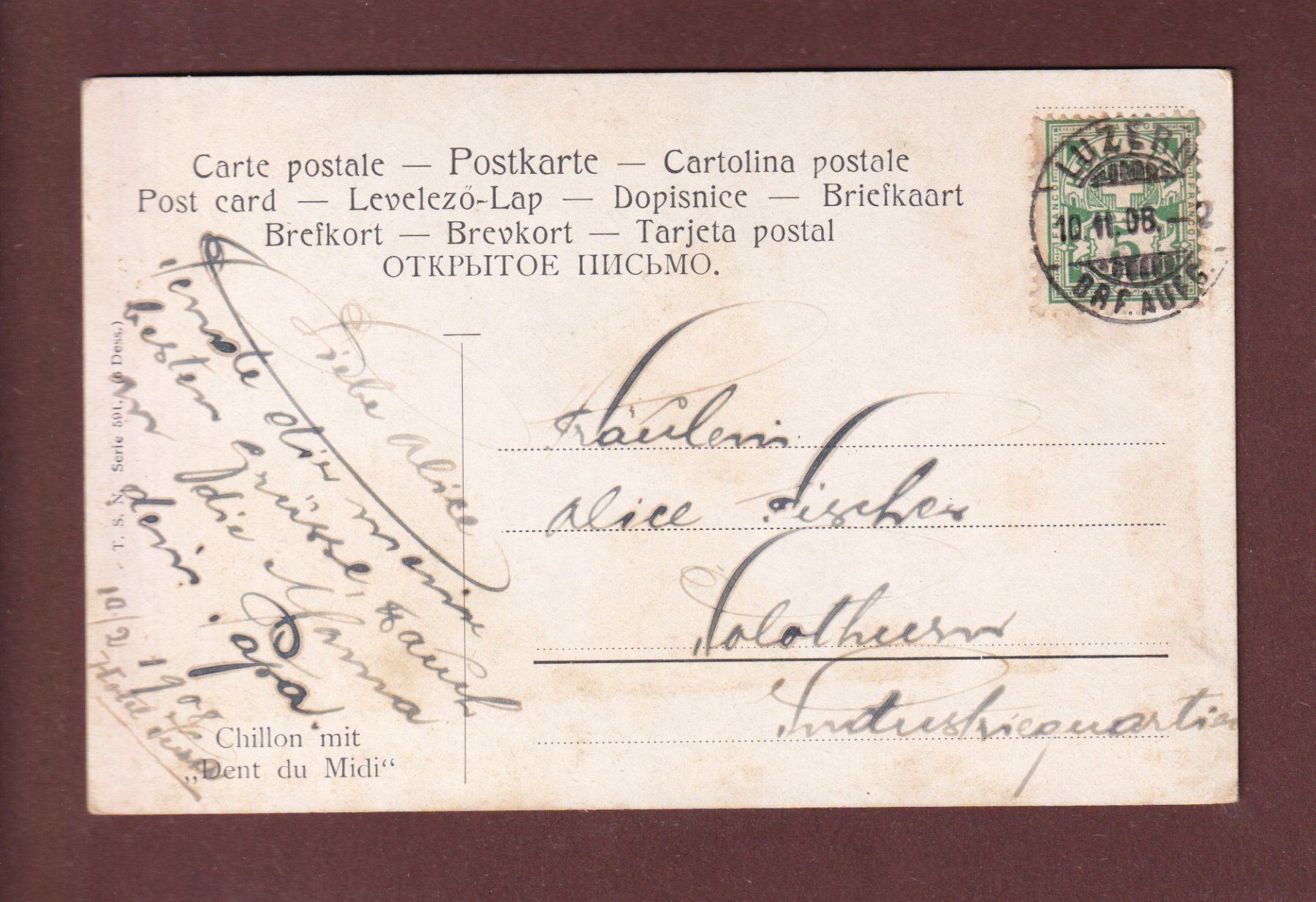 Cartoline postali: Château de CHILLON - Dents du Midi - 1908 – Usato da Pully venduto da nicecards-shop 1